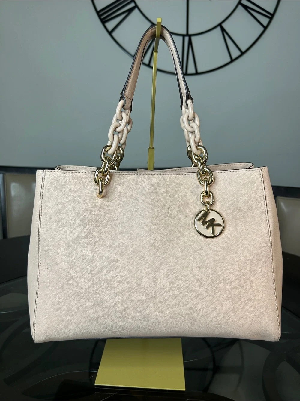 Michael Kors Cynthia Medium Saffiano Leather Tote Bag Powder Pink Chain Charm